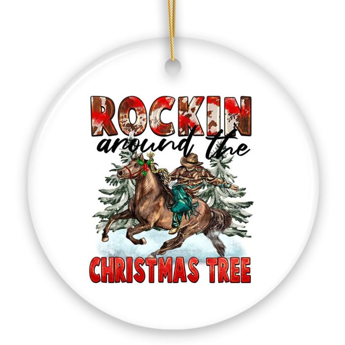 Vintage Western Theme Rockin Around the Christmas Tree Ornament Cowboy Rodeo Old Fashioned Decor Circle White
