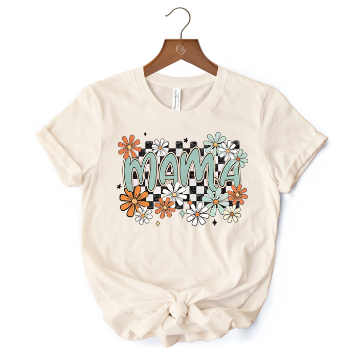 WBM 01FloralMamaCheckeredT Shirt White NaturalandBlackRetroTeeforStylishMothers