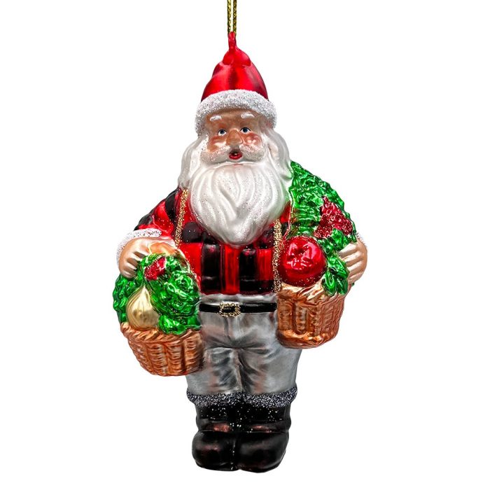 WBM 01WholesomeSantatheVegetableFarmerGlassChristmasOrnament FarmStyleHoldingPotatoes Lettuce andTomatoes