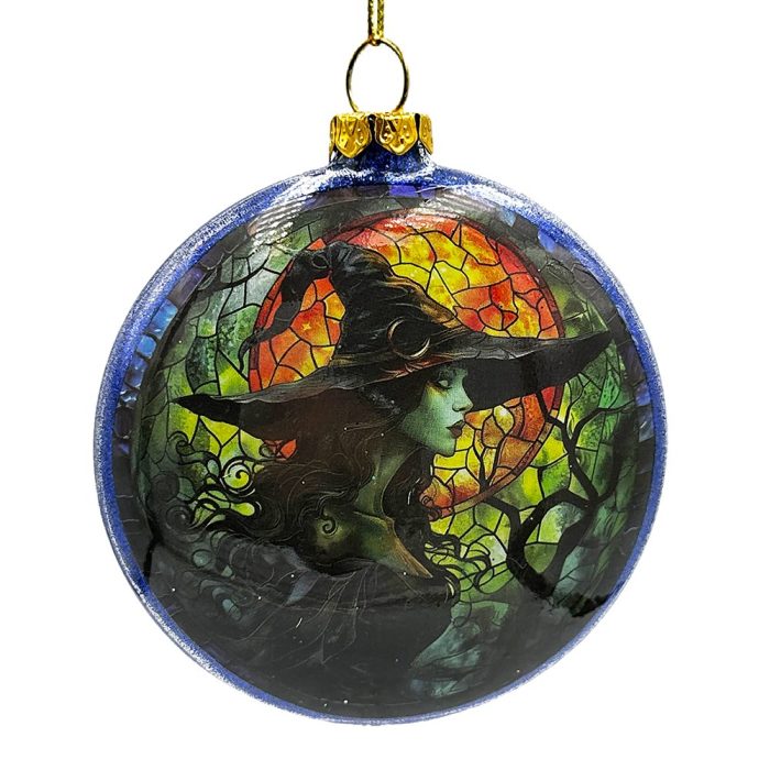 WBM 01WitchandBlackCatStainedGlassHandblownOrnament SpookyHalloweenandChristmasTreeDecor