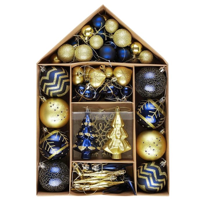 WBM 01 Glam and Glittered Gold and Blue Elegant Christmas Ornament Set 70 Assorted Balls Trees Snowflakes and Royal Heart Pendants
