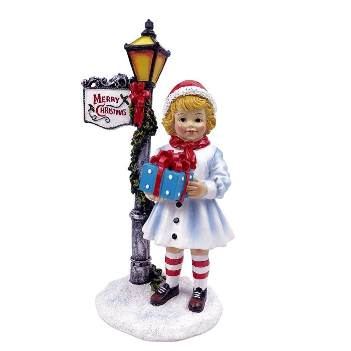 WBM 01 Victorian Style Christmas Girl and Street Lamp Tabletop Figurine 8 Vintage Holiday Statue of a Gift Carrying Belle