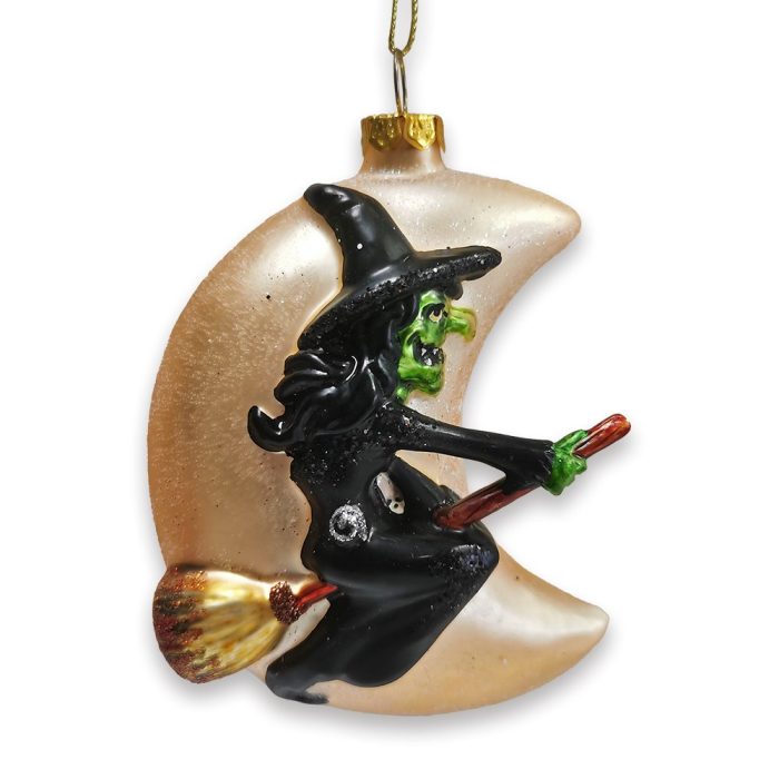 WBM 01 Wicked Witch and Crescent Moon Glass Christmas Ornament Spooky Halloween Gift