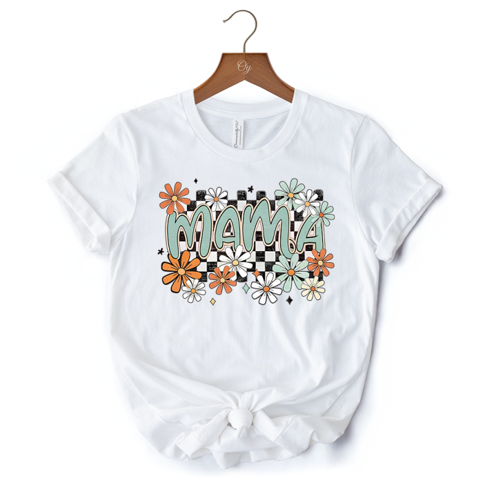 WBM 02FloralMamaCheckeredT Shirt White NaturalandBlackRetroTeeforStylishMothers