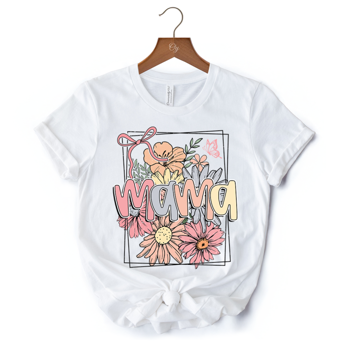 WBM 02FloralMamaCoquetteBowPastelT Shirt WhiteandNaturalBohoTeeWithSpringFlower