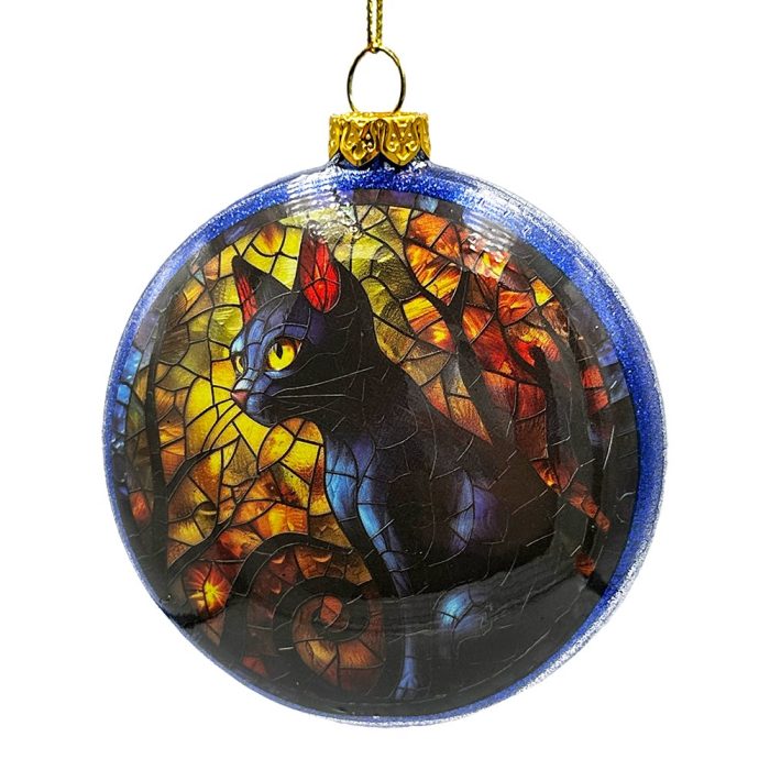 WBM 02WitchandBlackCatStainedGlassHandblownOrnament SpookyHalloweenandChristmasTreeDecor