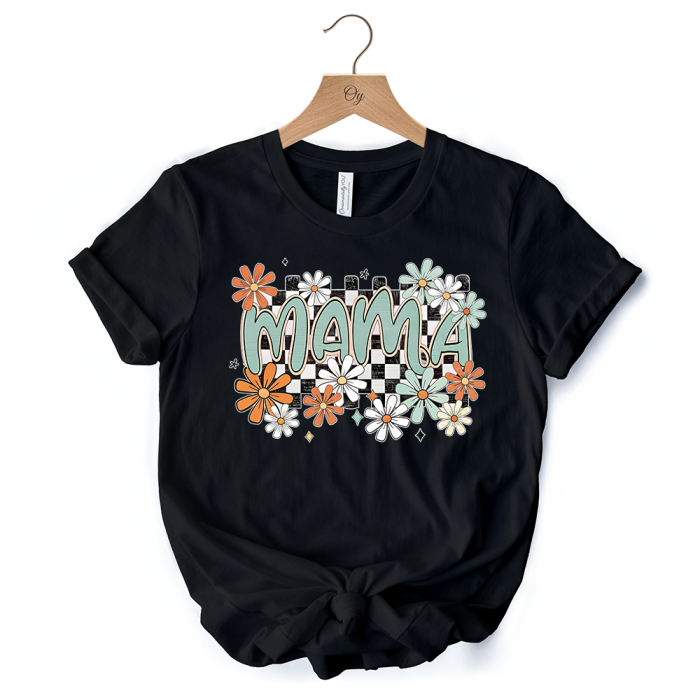 WBM 03 Floral Mama Checkered T Shirt White Natural and Black Retro Tee for Stylish Mothers