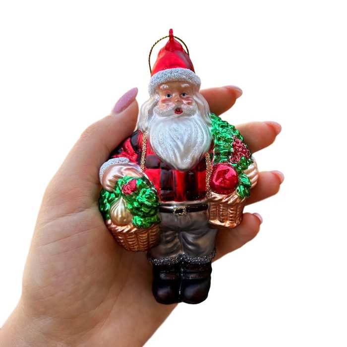 WBMHandWholesomeSantatheVegetableFarmerGlassChristmasOrnament FarmStyleHoldingPotatoes Lettuce andTomatoes