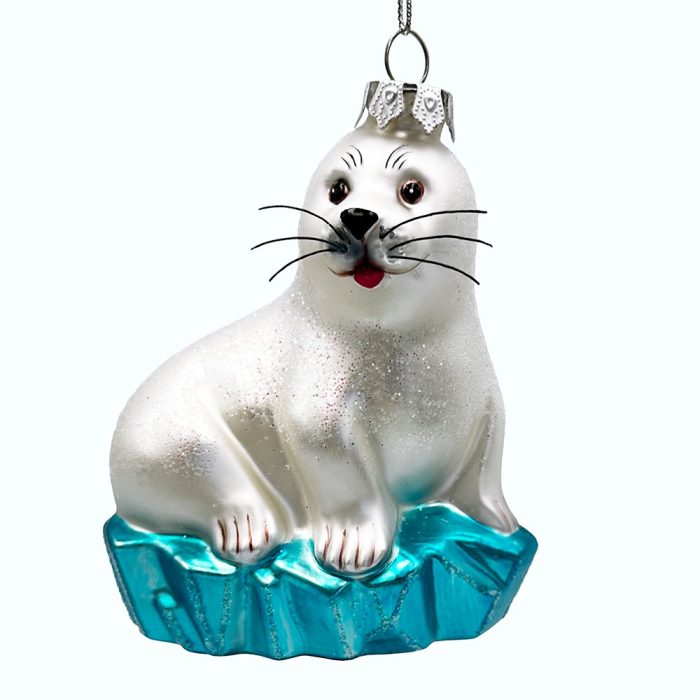 WBMWhiteSealonaGlacierGlassChristmasOrnament PinnipedsandSeaLionThemedDecor