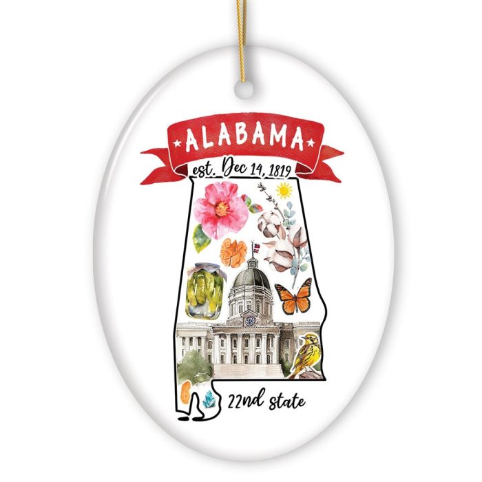 WBM Artistic Alabama State Themes and Landmarks Christmas Ornament Oval