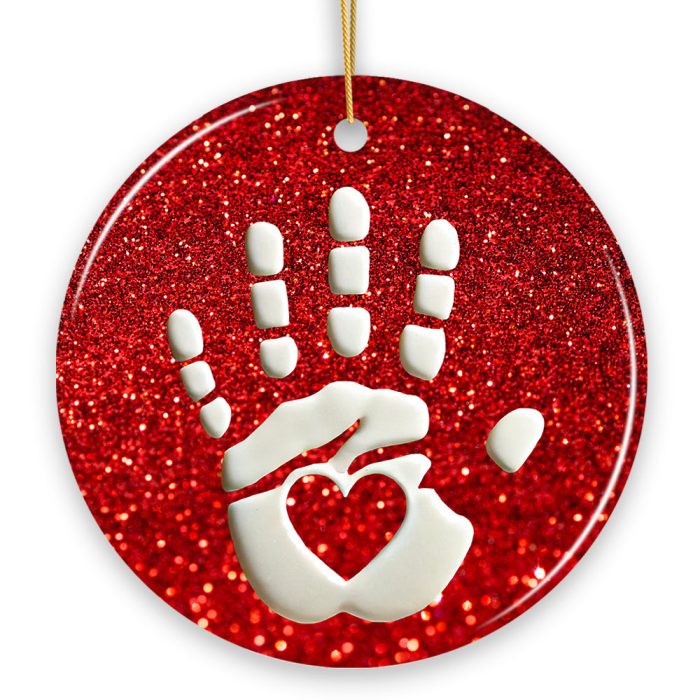 WBM Baby Handprint in Red Glitter Themed Ornament Christmas Nursery Keepsake and Tree Decor