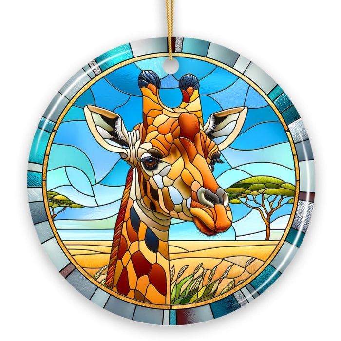 WBM Giraffe Rendezvous Stained Glass Style Ceramic Ornament African Animals Christmas Gift and Decor Circle