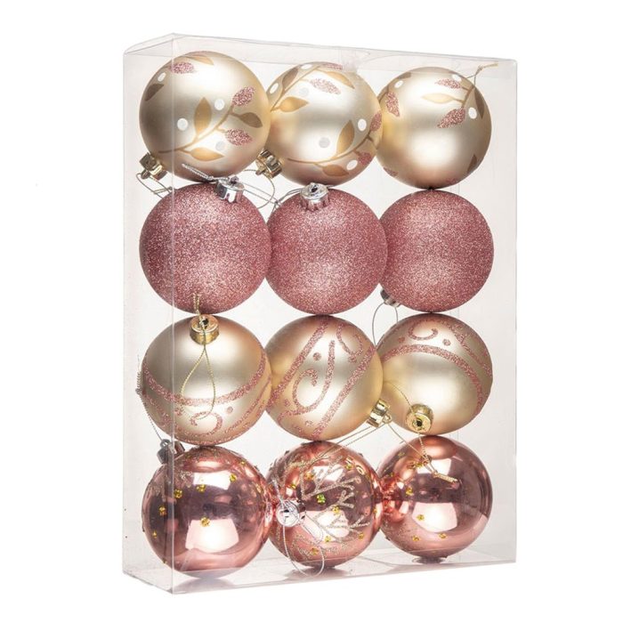 WBM Glamorous and Cute Shiny Pink and Rose Gold Christmas Ornament Set Glittered and Girly Feminine Holiday Baubles