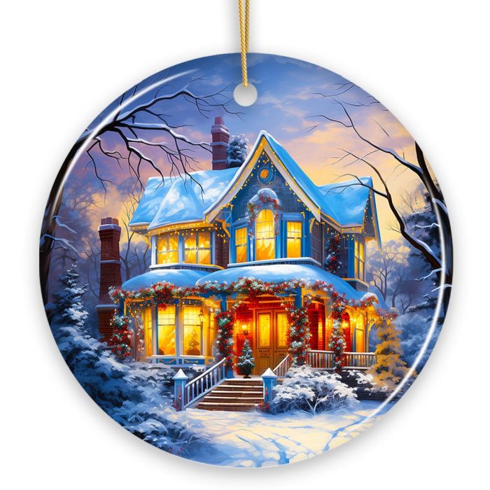 WBM Glowing Winter Night Painting Ceramic Ornament Warm and Inviting Christmas Tree Decor 2 Circle