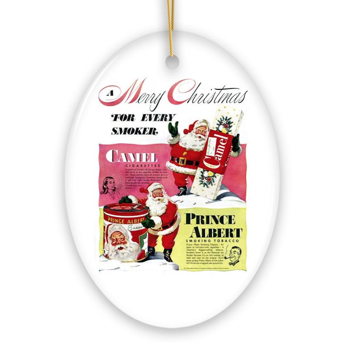 WBM Vintage Christmas Smoking Advertisement Ceramic Ornament 1940s Camel Cigarette Retro Collectible Oval