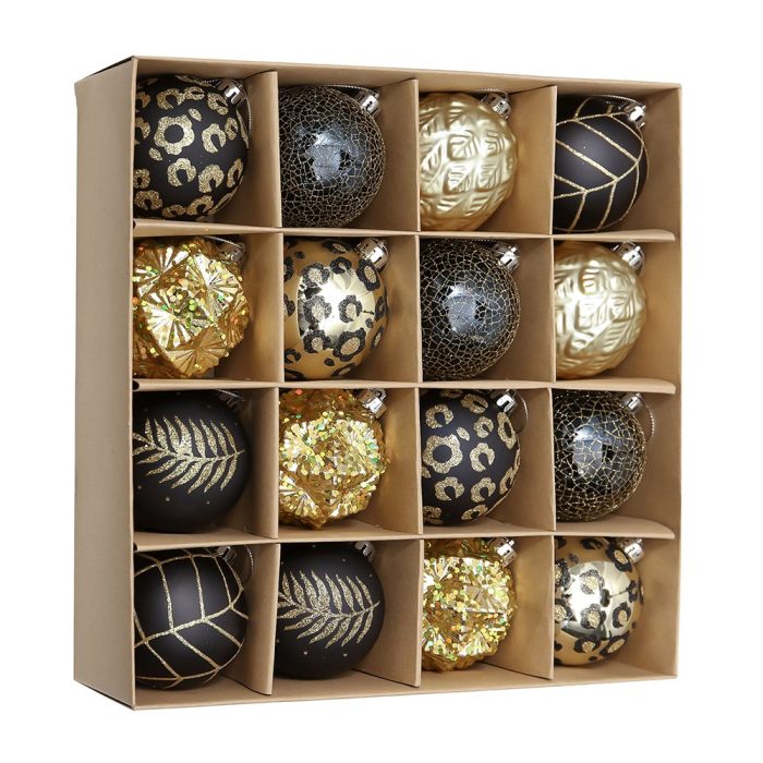 WBM Vogue Black and Gold Ornament Set Stylish Tree Set of 16 Glittery Baubles