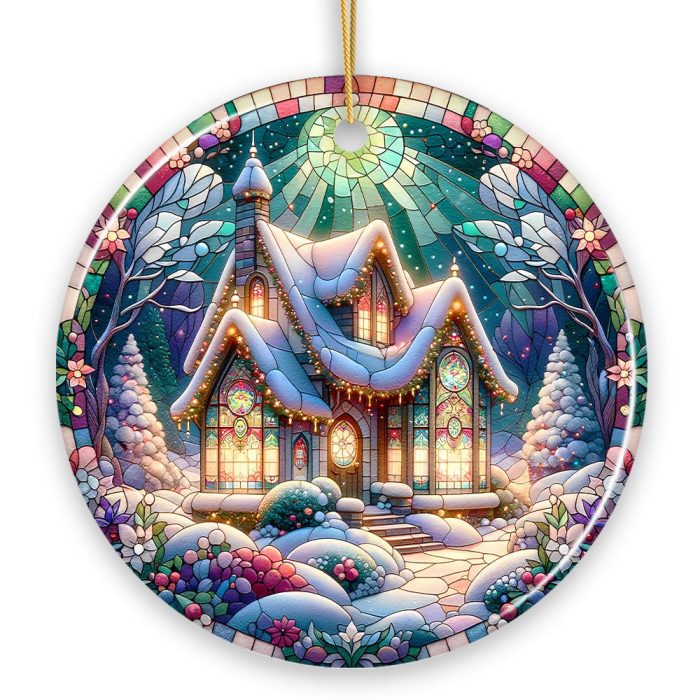 WBM Whimsical Cottage Stained Glass Style Ceramic Ornament Christmas Gift and Decor Circle