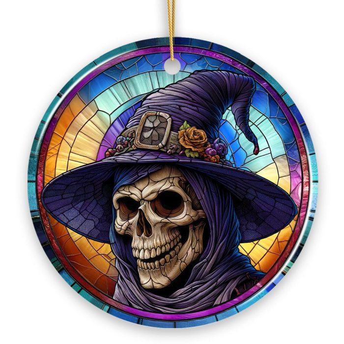 WBM Witchy Grin Skull with Hat and Scarf Stained Glass Style Ceramic Ornament Halloween Themed Christmas Gift and Decor Circle