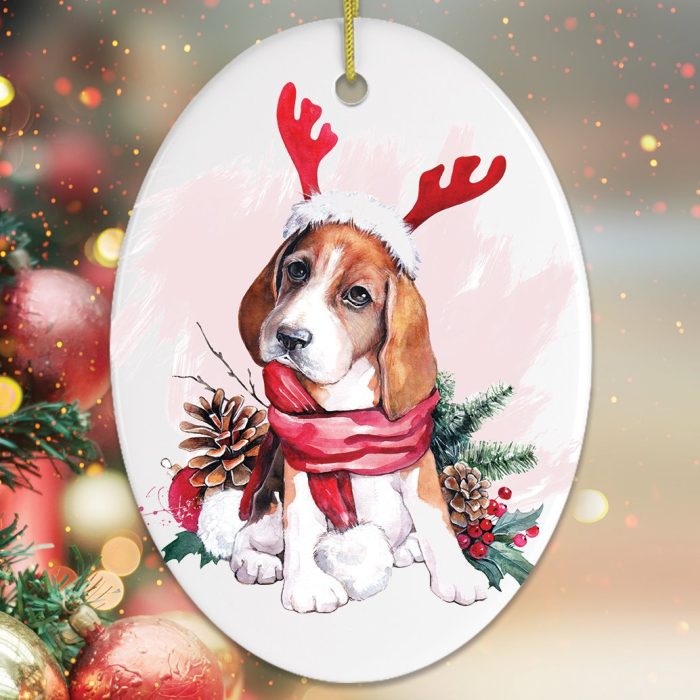 WatercolorBeagleChristmasOrnamentCloseupColorfulChristmasTreeOrnamentMockup