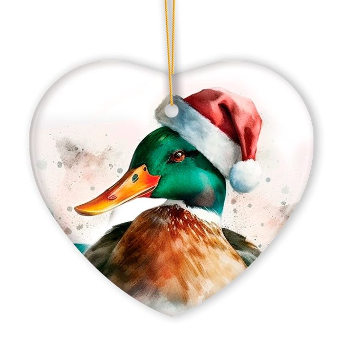 Watercolor Mallard Duck Christmas Ornament Heart White Background