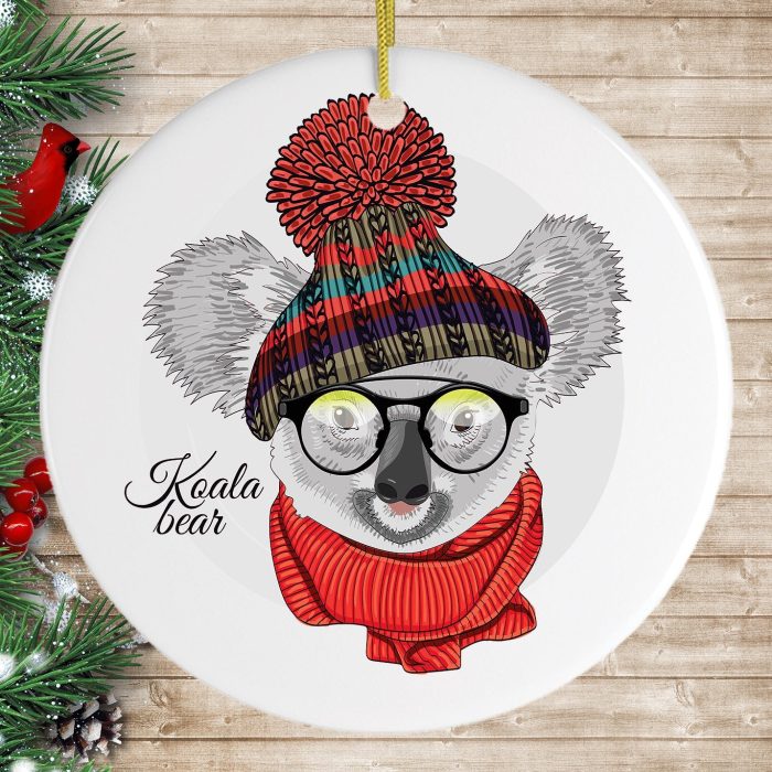 WinterKoalaChristmasOrnamentPineBranchesWoodBackgroundOrnamentMockup
