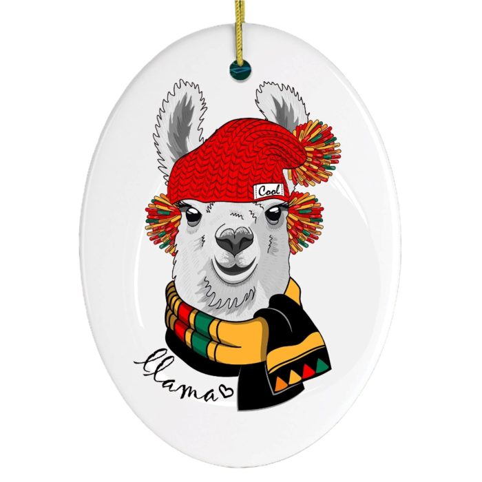 WinterLlamaOrnamentCloseUpDarkChristmasTreeOrnamentMockup 1