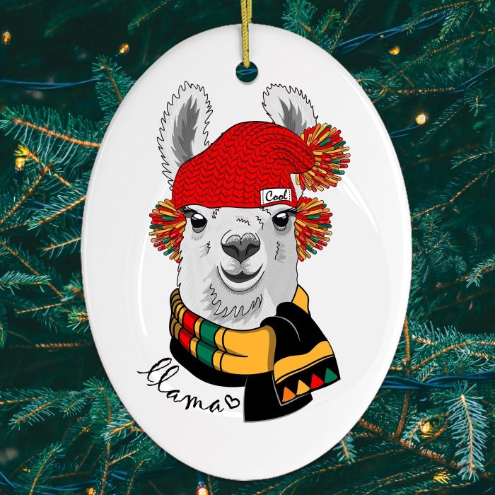 WinterLlamaOrnamentCloseUpDarkChristmasTreeOrnamentMockup