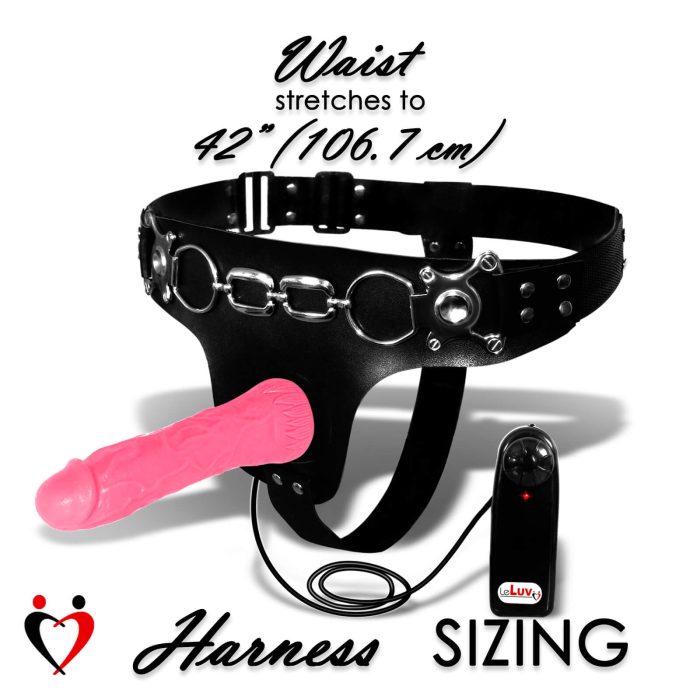 leluv long strap on female harness size info