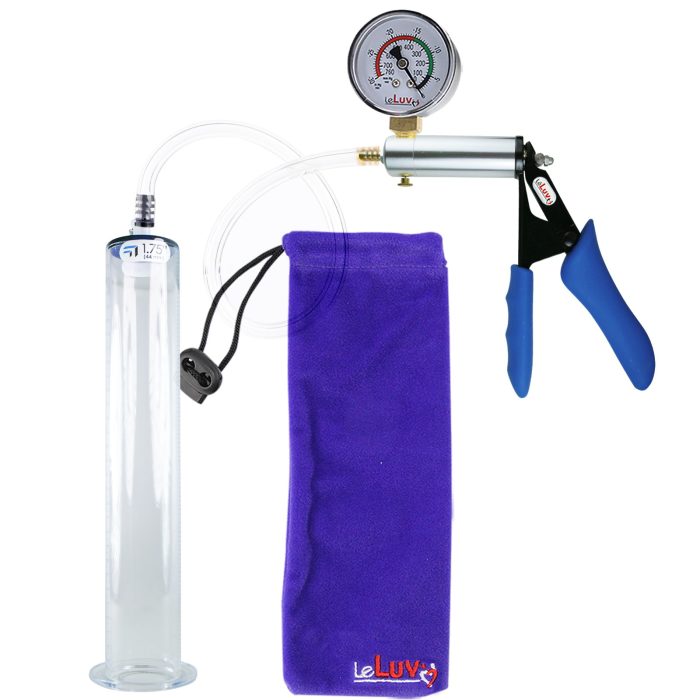 leluv ultima silver pump blue silicone grip clear hose penis pump 12 inch gauge 175 wide