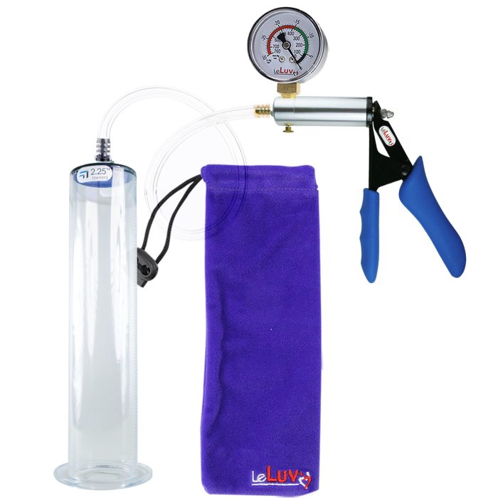 leluv ultima silver pump blue silicone grip clear hose penis pump 12 inch gauge 225 wide